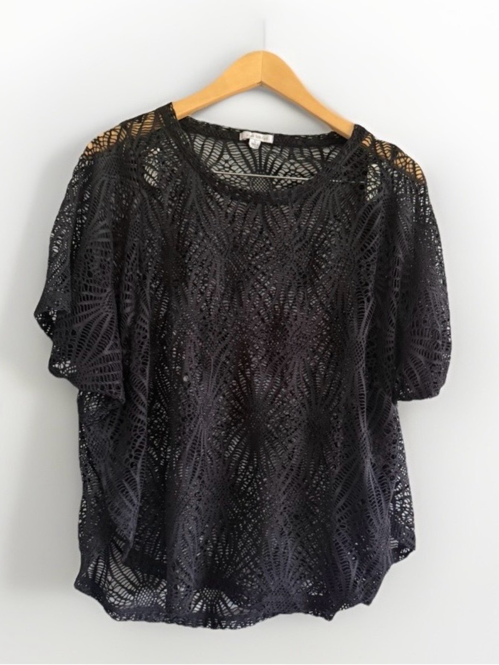 Erin London Black Crochet Knit Lace Mesh Swim Cover Up Poncho Top Open Knit L